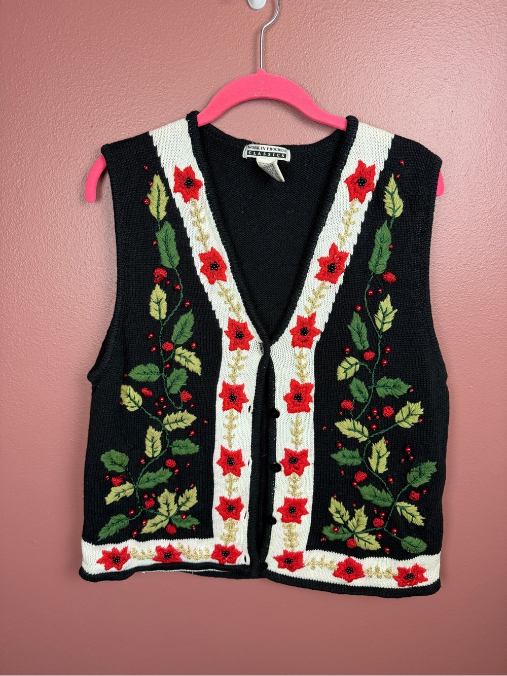 VINTAGE BLACK WORK IN PROGRESS POINSETTIAS UGLY CHRISTMAS VEST Size Large 14-16